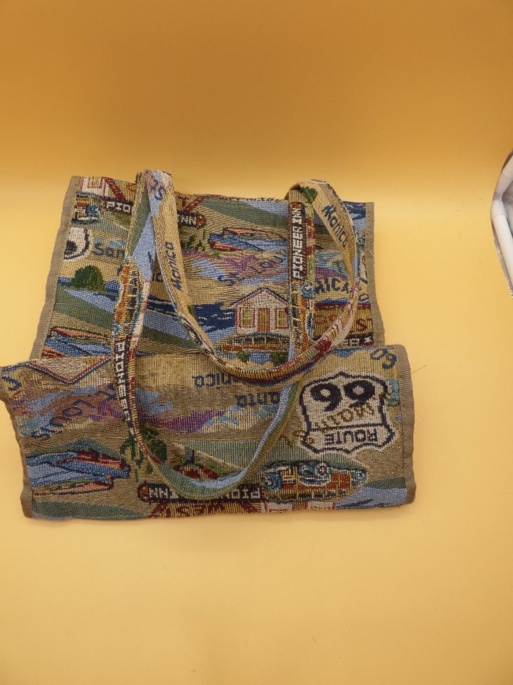 Vintage Jade Route 66 Tapestry Tote Bag Woven Retro Americana Travel Purse